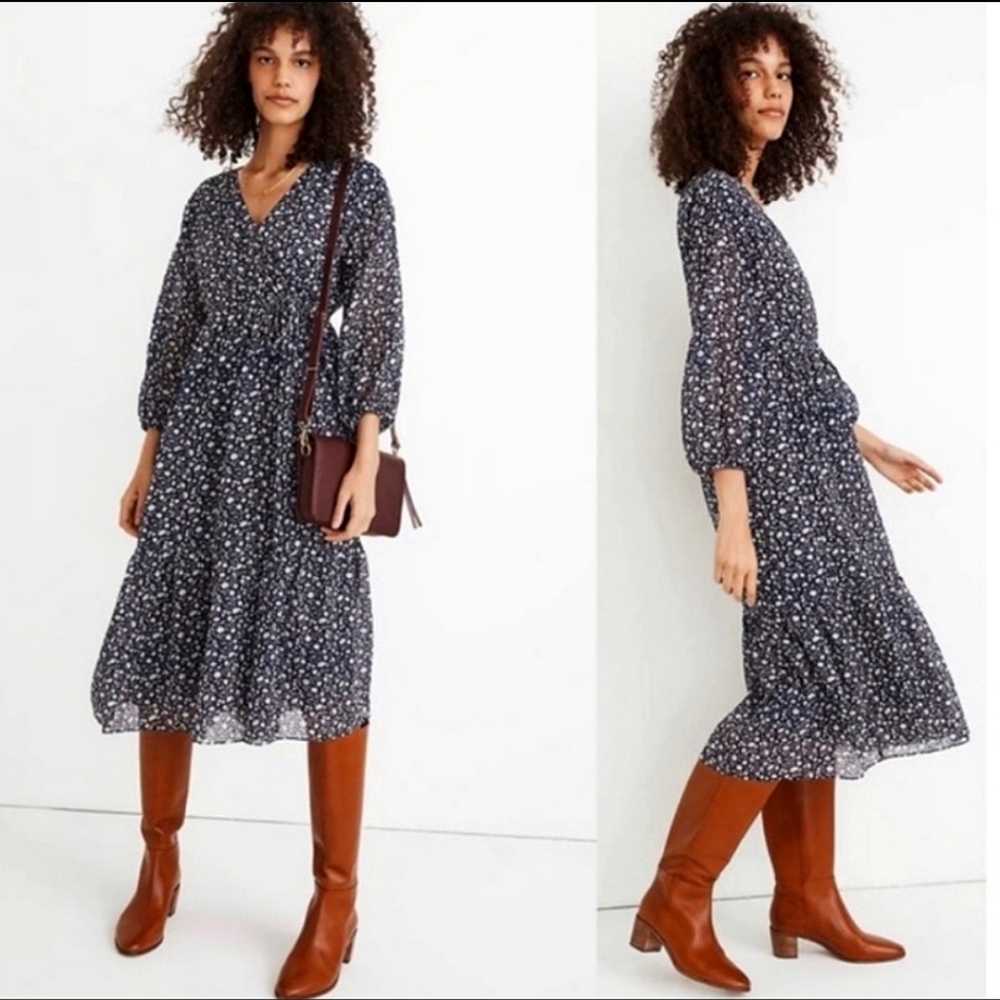 NWOT Madewell Tie-Waist Midi Dress Harvest Vine Navy Floral Women's Size Medium